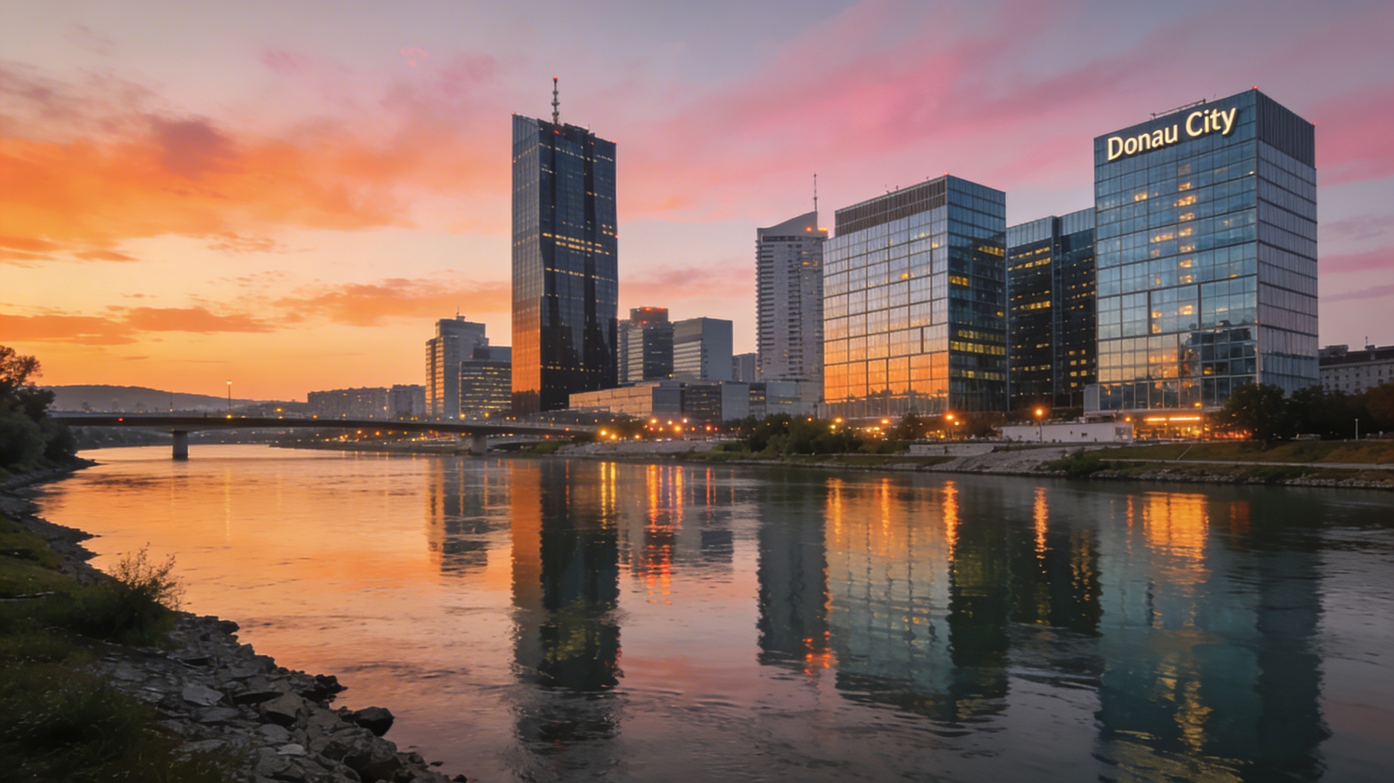 Современные небоскрёбы района на Дунае, отражающиеся в воде на закате
