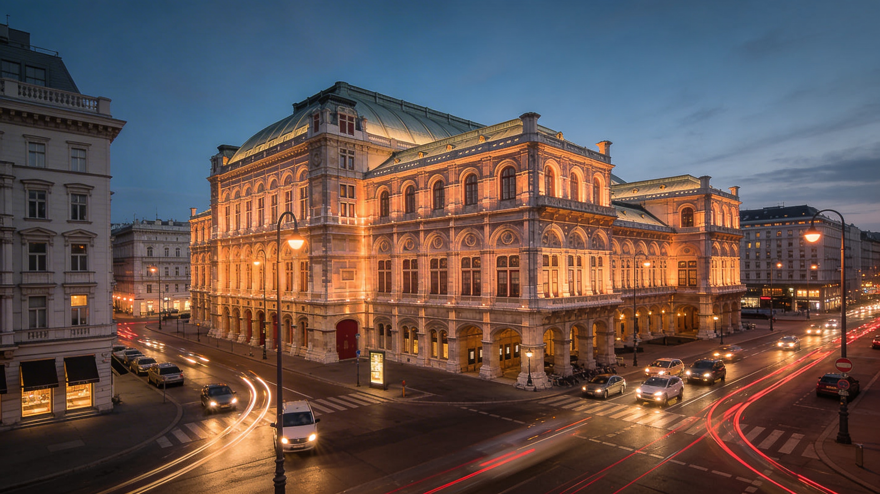 Вечерний фасад Венской государственной оперы с подсветкой